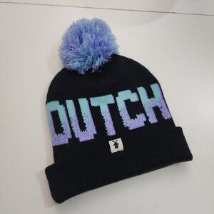 Dutch Bros Black Beanie Knit Winter Hat With Blue & Purple Pom